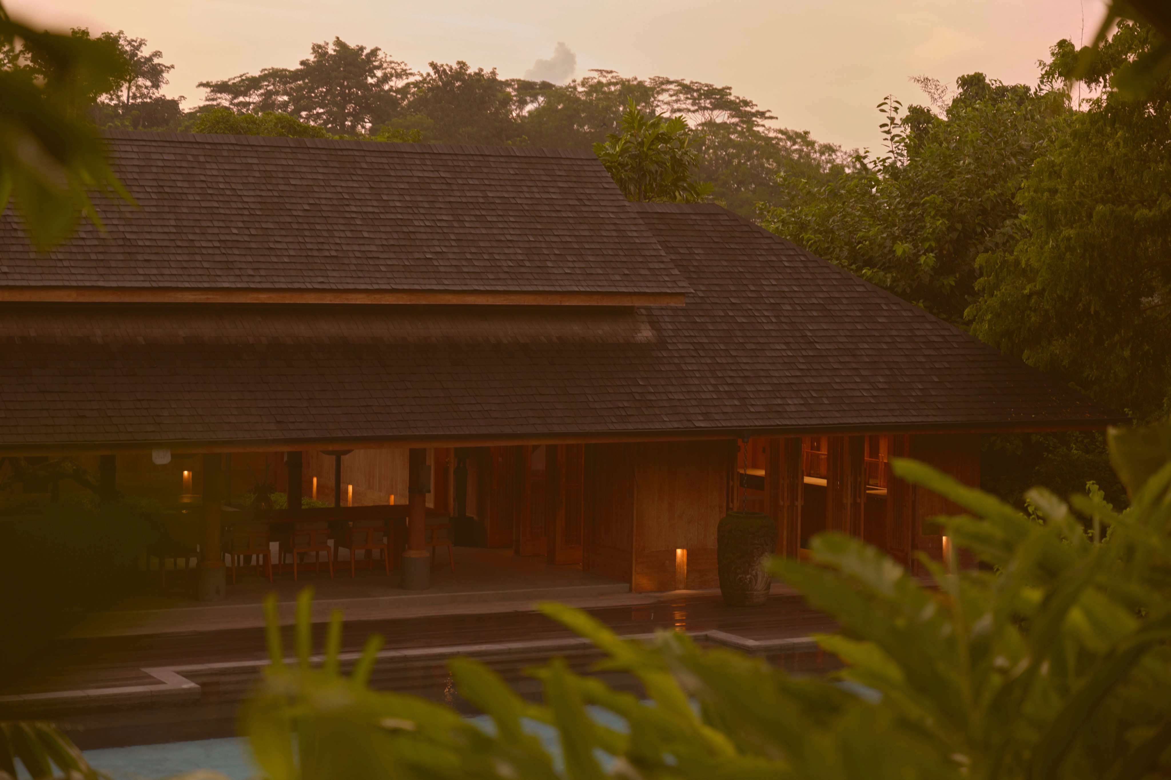 Rumah Rubah exterior and pool at dusk